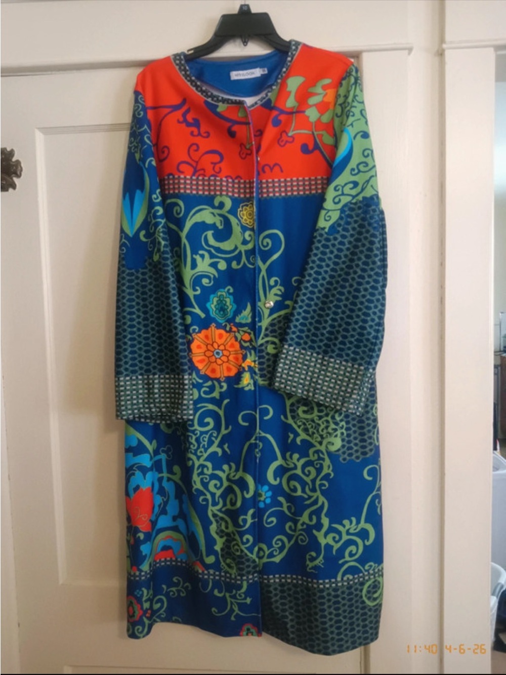 MISSLOOK Blue Floral Print Long Sleeve Dress with Orange Accents
